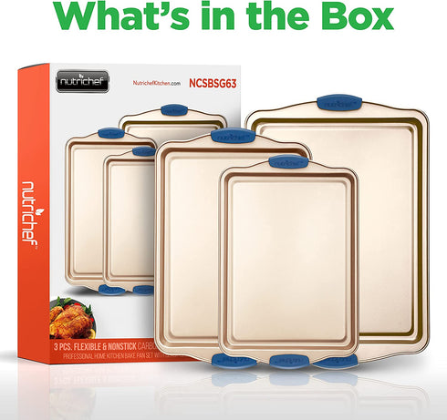 3-Piece Nonstick Bakeware Set - PFOA, PFOS, PTFE-Free Carbon Steel Baking Trays w/ Heatsafe Blue Silicone Handles, Oven Safe Up to 450°F, Small, Medium & Large Cookie Sheet Pans