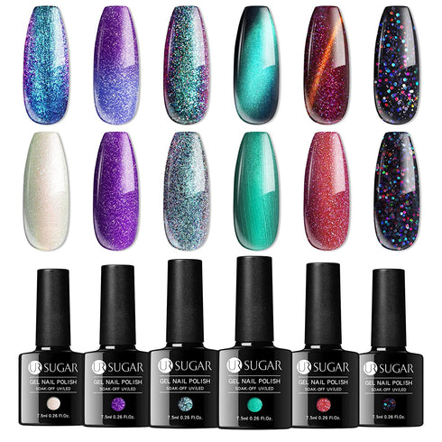 UR SUGAR Glitter Gel Nail Polish Set, 6 Colors Cat Magnetic Chameleon Color Changing Gel Nail Polish Kit Milky White Purple Green Red Black Gel Polish Soak Off Gel Gift Box Nails Manicure Kit