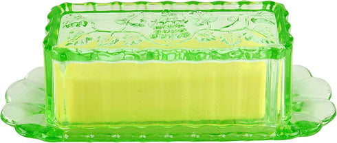 HOME-X Depression Style Glass Butter Dish with Lid and Grape Pattern, Retro Kitchen Decor, Wedding Gift