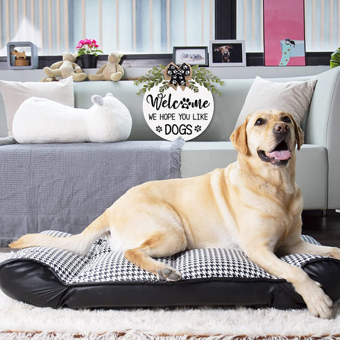 Dog Welcome Sign We Hope You Like Dogs Front Door Wreath Rustic Puppy Wooden Door Hanger with Greenery Paw Prints Bow for Dog Lovers Farmhouse Housewarming Gift Home Wall Art Decor 12 Inches (White)