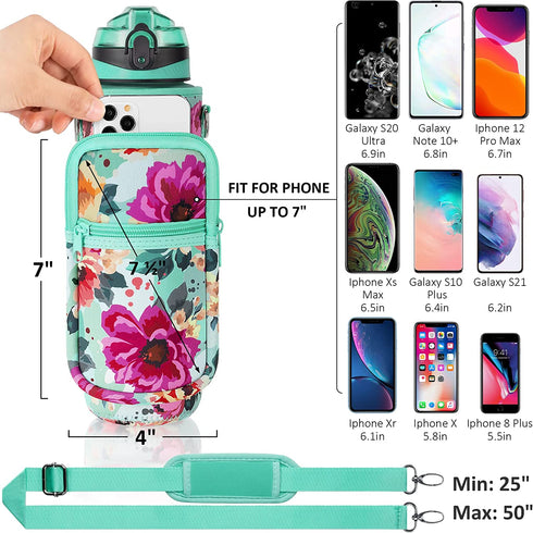 32 oz Water Bottle with Sleeve - BPA Free Leakproof Sport Large 1L Plastic Motivational Water Bottle with Straw & Strap & Insulated Neoprene Holder Carrier Bag Great Xmas Gift for Kids Women Men