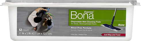Bona Hard-Surface Floor Disposable Wet Cleaning Pads, for Stone Tile Laminate and Vinyl LVT/LVP, 12ct
