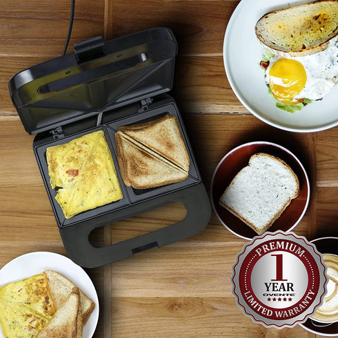 Ovente Electric Indoor Sandwich Grill Maker with Non-Stick Cast Iron Grilling Plates, 750W Countertop Bread Toaster Easy Storage & Clean Perfect for Breakfast Grilled Cheese Egg & Steak, Black GPS401B