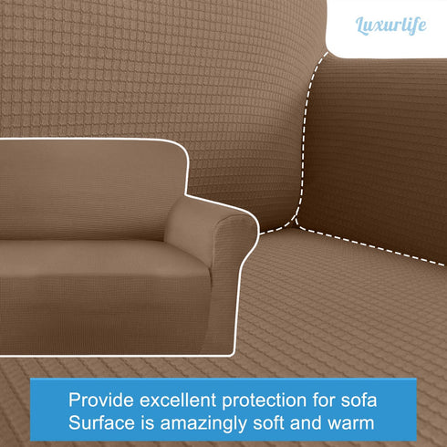 Luxurlife Premium Thickened Sofa Covers for 3 Cushion Couch 1-Piece High Stretch Couch Cover Sofa Slipcover for Pets Furniture Protector with Unique Checkered Pattern Spandex Fabric (Large, Camel)