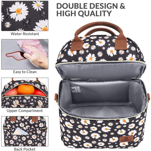 Hafmall Insulated Lunch Bag for Women, 9L Dual Deck Womens Lunch Box with Shoulder Strap, Reusable Adult Lunch Tote Bag for Work/School/Picnic, Daisy