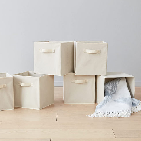 Amazon Basics Collapsible Fabric Storage Cubes Organizer with Handles, Beige - Pack of 6