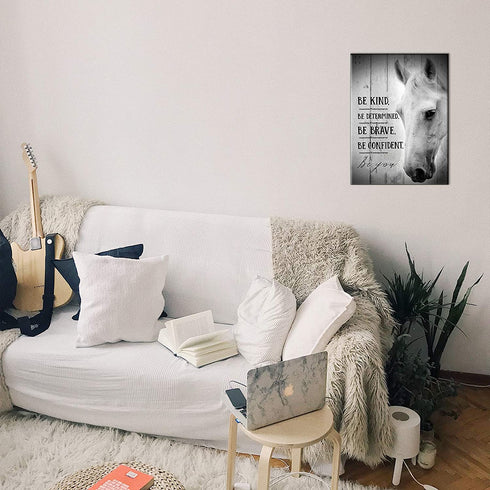 Inspirational Wall Art Canvas Farmhouse Countryside Black and White Wooden Board Animals Horse Motivational Theme Wall Decor Pictures Framed Artwork for Walls Modern Home (White Horse, 12"—16"—1 pcs)
