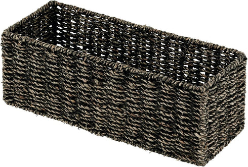 mDesign Natural Woven Seagrass Bathroom Toliet Roll Holder Storage Organizer Basket Bin; Use on Bathroom Countertop, Toilet Tank Top - Holds 3 Rolls of Toilet Paper - Black Wash