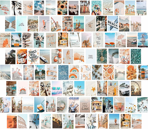 KOSKIMER 100PCS Blue Wall Collage Kit Aesthetic Pictures, 100 Set 4x6 Inch, Summer Beach Room Decor Aesthetic, Cute VSCO Posters for Teen Girls, Preppy Bedroom Decor, Vibey Photo Collage Kit for Dorm
