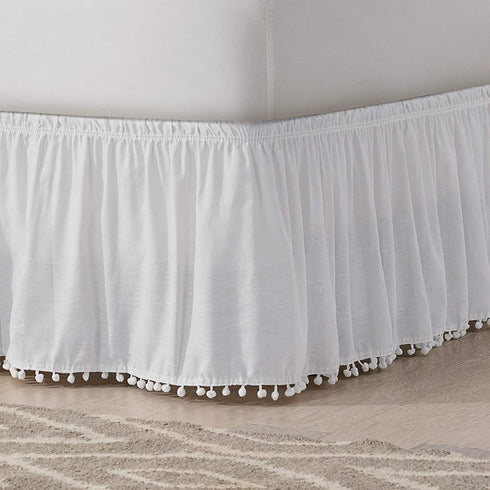 EASY FIT Pom Pom Elastic Wrap Around Bed Skirt, Easy On/Off Dust Ruffle (18-Inch Drop), Queen/King, White