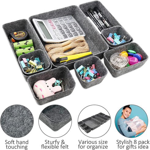 Newthinking Felt Drawer Organizer Tray, 8 Pack Shallow Desk Drawer Organizer, Save Desk Space Dividers Box for Office Gadgets and Jewelry Storage (Dark Gray)