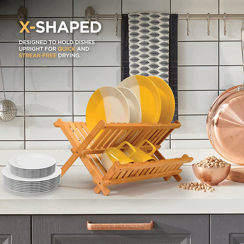 Collapsible Dish Drying Rack - Bamboo 2-Tier Dish Drainer Kitchen Plate Rack for Kitchen Countertop - Foldable & Compact for Space-Saving Storage