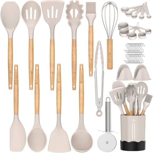 Kitchen Cooking Utensil Set, Fungun 26 pcs Cooking Utensils - Nonstick Kitchen Utensils Cookware Set Spatula Set -Kitchen Gadgets Utensils Set, Kitchen Tools Gift-khaki