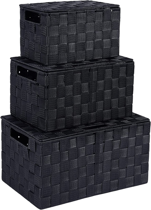 TheWarmHome 3-in-1 Woven Baskets for Storage With Lid,Nylon Strap Organizer Bins With Built-in Handles Stackable Baskets for Shelves Living Room Office Makeup Keys Toys Shirts Organization(Dark Grey, Set of 3)