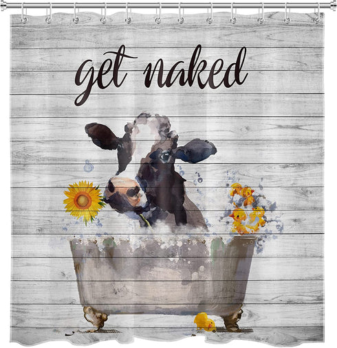 HVEST Funny Cow Get Naked Shower Curtain for Bathroom Decor, Farmhouse Animal Bull Cattle and Sunflower in Retro Bathtub Shower Curtains 72x72 Inches with Hooks Set Waterproof Fabric Bath Accessories