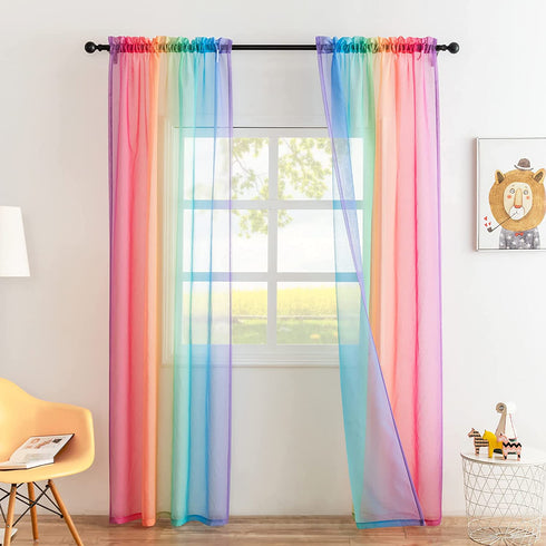 Lofus Sheer Window Curtains, Rods Pocket Voile Fabric Drapes/Panels/Treatments for Living Room/Kitchen/Bedroom, 52 x 96, Set of 2, Rainbow