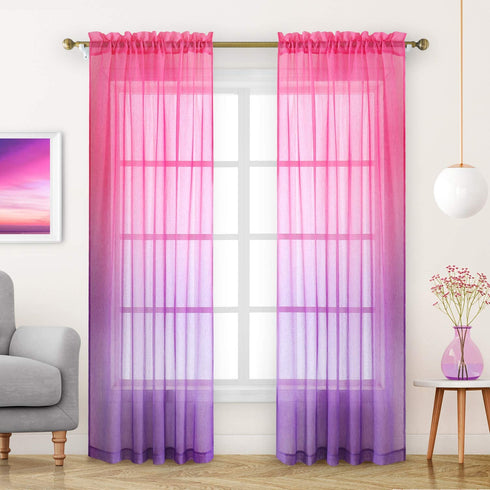 HOMEIDEAS 2 Panels Pink and Purple Sheer Curtains for Girls Bedroom 52 X 84 Inch, Ombre Linen Curtains Rod Pocket Drapes for Nursery Kids Window and Living Room