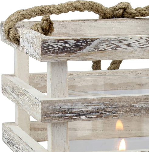 Stonebriar SB-5080B Worn White Wooden Beach House Candle Lantern with Rope Handle and Removable Glass Cylinder Hurricane, MEDIUM