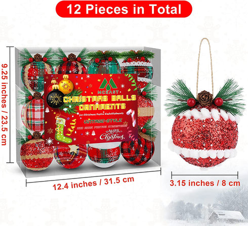 MCEAST 12 Styles Christmas Ball Ornaments Buffalo Plaid Christmas Tree Baubles Rustic Hanging Ornaments with Snowflake Pine Cones and Berries for Christmas Holiday Party Decoration