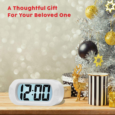 Kids Alarm Clock - Plumeet Large Digital LCD Travel Alarm Clocks with Snooze and Night Light - Ascending Sound and Handheld Size - Best Gift for Kids (White)