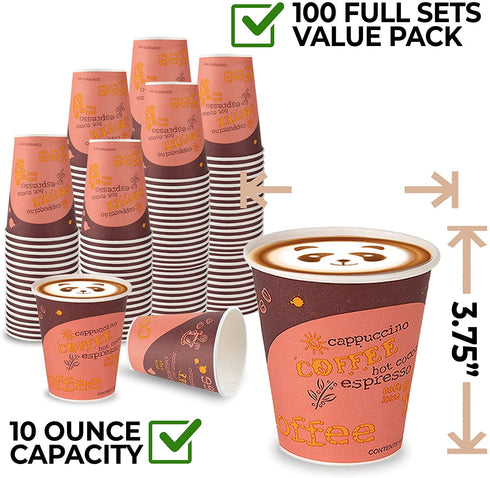 10 Oz. Disposable Paper Coffee Cups, 100-Pack Premium Cafe Coffee Cups - Grab 'n Go Cups for Home, Office, Cafe, Restaurant (100 Cups ONLY)