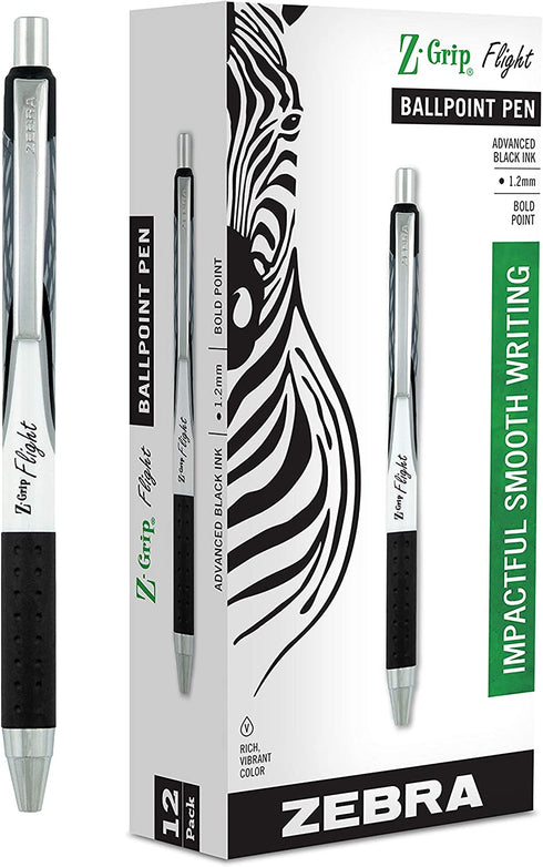 Zebra Pen Z-Grip Flight Retractable Ballpoint Pen, Bold Point, 1.2mm, Black Ink, 12-Count