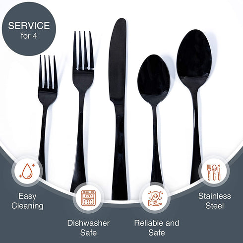 Tribal Cooking Black Flatware serving set - Stainless Steel Silverware Set - 20 Piece - Cutlery Set - Silverware Set Service for 4 - Knives, Fork and Spoon - Dishwasher Safe - Stunning Polished Finish