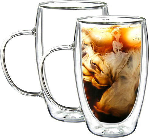 Youngever 2 Pack Glass Coffee Cups, Double Wall Thermo Insulated Coffee Cups, Glass Coffee Mugs (15 Ounce)