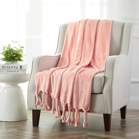 Homiest Fleece Throw Blanket with Fringe, Soft & Cozy Flannel Light Pink Throw Blanket, Lightweight Decorative Throw Blanket for Sofa Bed Chair All Season (Blush Pink, 50 x 60 Inch)