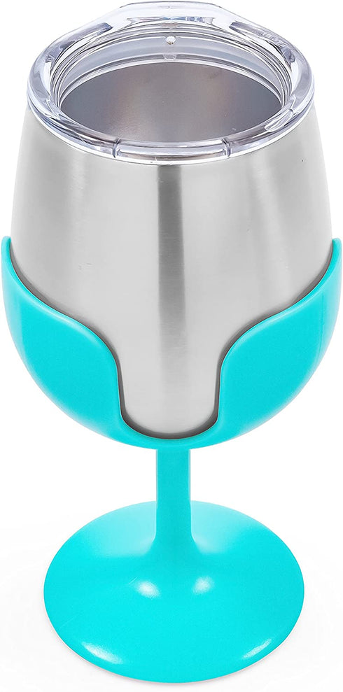 Camco 51915 Stainless Steel Wine Tumbler Set with Removable Fuchsia Pink and Teal Blue Wine Glass Stems- Leak Proof Lid, Vacuum Insulated, BPA Free 8 oz