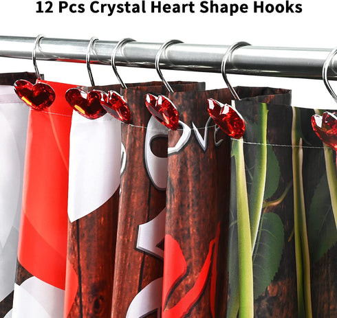 TAMOC Mothers Day Shower Curtain, Rustic Wood Shower Curtain with 12 Love Heart Hooks, Romantic Red Flower Shower Curtains for Bathroom, Waterproof Fabric Vintage Bath Curtain, Brown