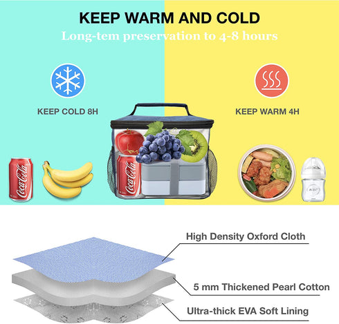 Insulated Lunch Bag for Women/Men - Reusable Lunch Box for Office Picnic Hiking Beach - Leakproof 12-Can Coke Cooler Tote Bag Organizer with Adjustable Shoulder Strap for Adults - Black