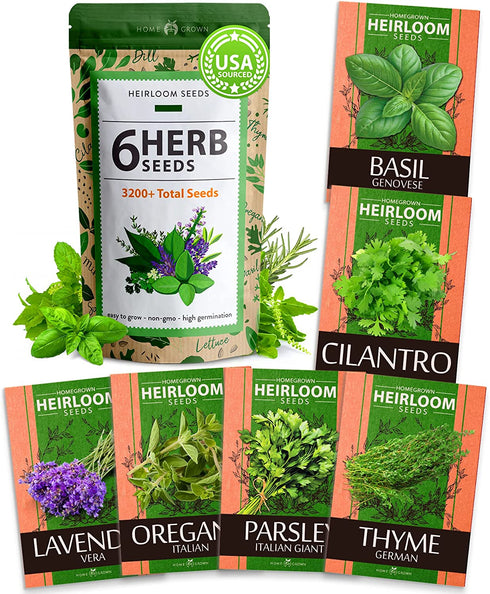 6 Herb Seeds Variety Pack – Plant an Indoor or Outdoor Herb Garden: Basil, Lavender, Cilantro, Parsley, Thyme and Oregano Seeds – 3200+ Non-GMO Heirloom Herb Seeds – Bonus Markers and Grow Guide