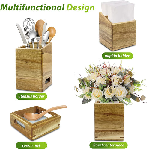 Drip Protection Wooden Utensil Holder 100% Acacia wood kitchen cutlery organizer storage for countertop with water absorbent diatomaceous earth mat to keep your utensils dry and clean