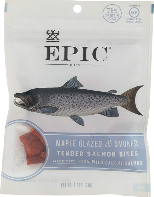 Epic Jerky Bites, 100% Wild Caught, Maple Glazed & Smoked, Alaskan Salmon, Coconut Oil 2.5 oz. Pouch
