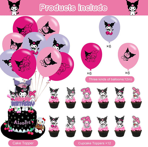 Kuromi Party Decorations,Birthday Party Supplies For Kuromi Party Supplies Includes Banner - Cake Topper - 12 Cupcake Toppers - 18 Balloons - 50 Kuromi Stickers