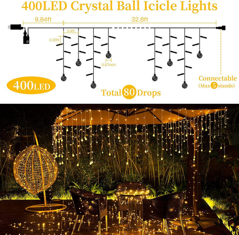 Quntis 32.8FT 400 LED Christmas Icicle Lights Outdoor, Warm White Icicle Lights with 80 Drops Crystal Ball, 8 Modes Curtain Fairy Light Waterproof for Valentine's Day Xmas Wedding Party Decorations