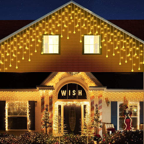 Quntis 32.8FT 400 LED Christmas Icicle Lights Outdoor, Warm White Icicle Lights with 80 Drops Crystal Ball, 8 Modes Curtain Fairy Light Waterproof for Valentine's Day Xmas Wedding Party Decorations