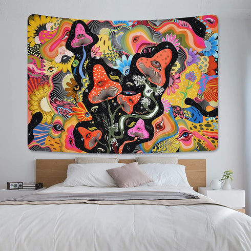 Mushroom Tapestry Hippie Eyes Tapestries Stars Tapestry Colorful Flowers Tapestry Wall Hanging for Room(51.2 x 59.1 inches)