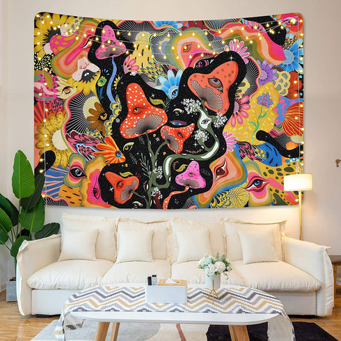 Mushroom Tapestry Hippie Eyes Tapestries Stars Tapestry Colorful Flowers Tapestry Wall Hanging for Room(51.2 x 59.1 inches)