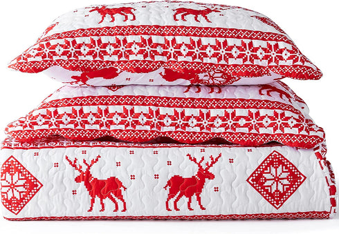EHEYCIGA Red Printed Quilt Set Queen Christma Reindeer Snowflakes Reversible Holiday Home Décor - Bedspread Coverlet.