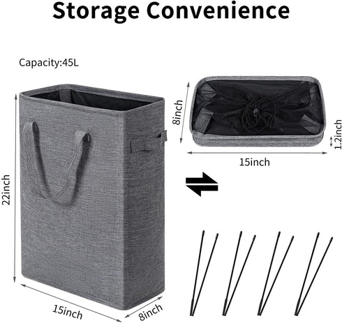 ZERO JET LAG Slim Laundry Hamper Handles Collapsible Laundry Basket Thin Dirty Clothes Basket Narrow Laundry Bag Foldable Dirty Hamper 45L (21 inches,Dark Grey)