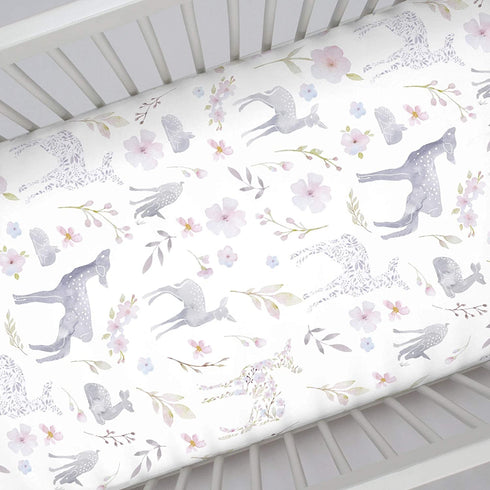 NoJo Super Soft Floral Deer Nursery Mini Crib Fitted Sheet, Grey, Light Blue, Pink, White