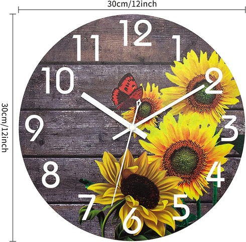Lumuasky Sunflowers Wooden Wall Clock, 12 Inch Battery Operated Silent Non Ticking Round Retro Decorative Clock for Bathroom, Bedroom, Living Room, Kitchen, Office, School (Butterfly)