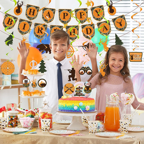 62 Pieces Hunting Birthday Party Decorations Hunting Party Supplies Camo Party Supplies Hunting Birthday Banner Deer Birthday Decorations Camo Cake Toppers Hunting Swirls Decorations