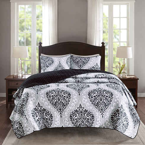 Comfort Spaces Coco 2 Piece Quilt Coverlet Bedspread Ultra Soft Printed Damask Pattern Hypoallergenic Bedding Set, Twin/Twin XL, Black