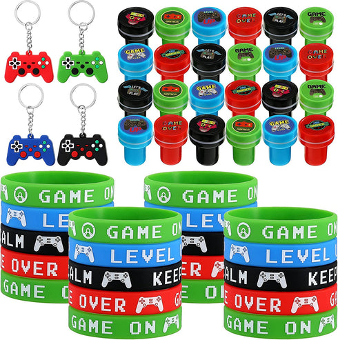 60 Pieces Video Game Party Favors Set Includes 20 Video Game Bracelets Wristbands, 24 Video Game Stampers, 16 Game Handle Keychains for Video Game Party Supplies Birthday