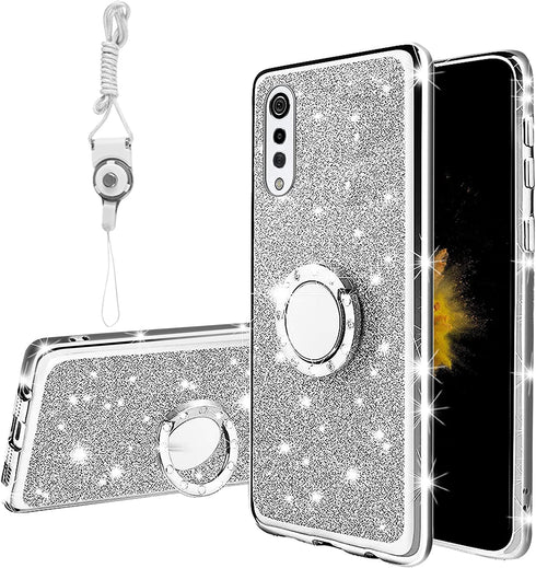 for LG Velvet 5G Case (LM-G900), LG Velvet 5G UW Case Glitter Luxury Sparkles TPU Silicone Slim Cute for Women Girls with Kickstand, Bling Diamond Ring Stand & Strap Case for LG Velvet 5G (Silver)