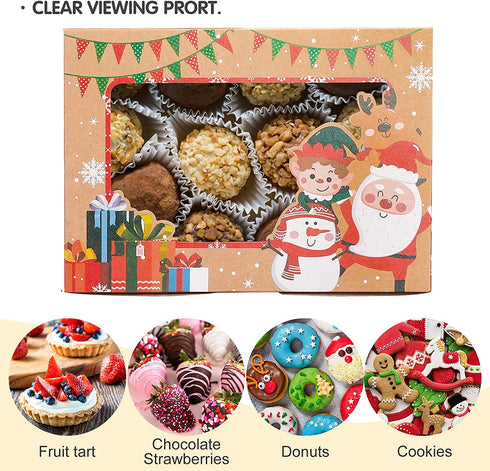 24 Pack Christmas Cookie Boxes for Gift Giving Christmas Bakery Box with Window Large Kraft Holiday Baking Box with Lids for Pastries Treat Cupcakes Dessert Candy 8.3 x 5.9 x3.7 Inch by Superlele