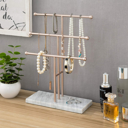 MyGift 3-Tier Rose Gold-Tone Metal Jewelry Stand Organizer, T Bar Necklace and Bracelet Display with Stone Base Ring Tray